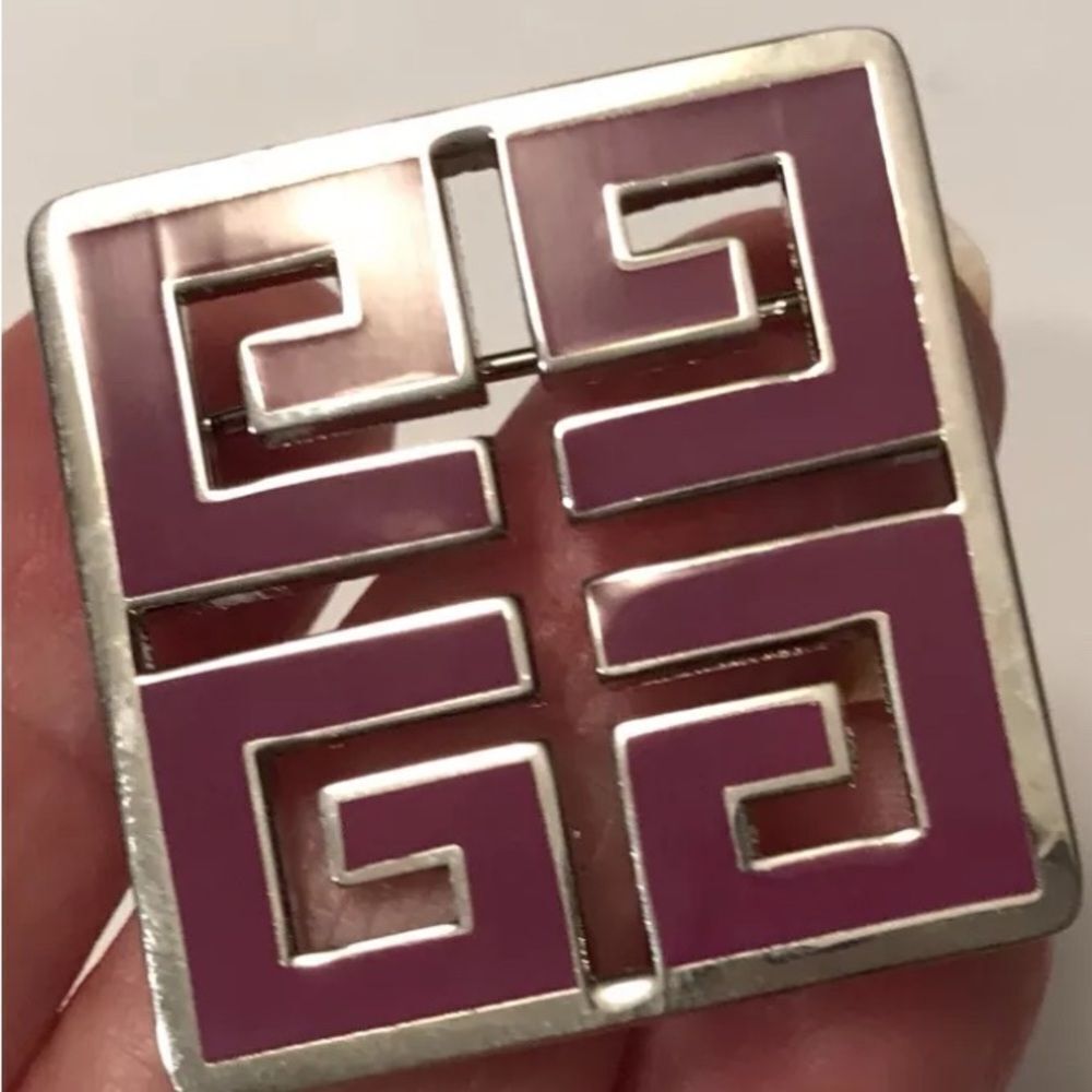 *Vintage* Givenchy *4G* Silver Tone Purple Enamel Logo Square Pin Brooch
